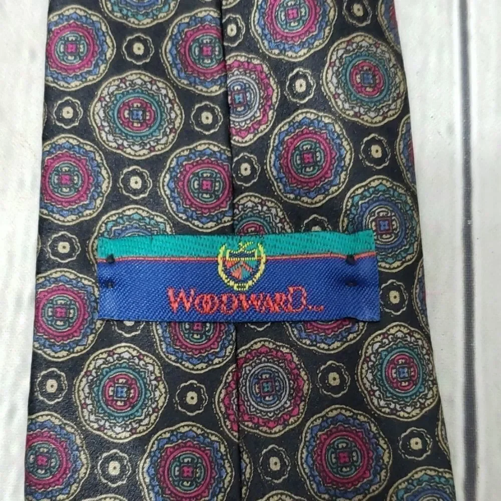 Vintage Italian Silk Black Purple Eclectic Medallion Print Tie